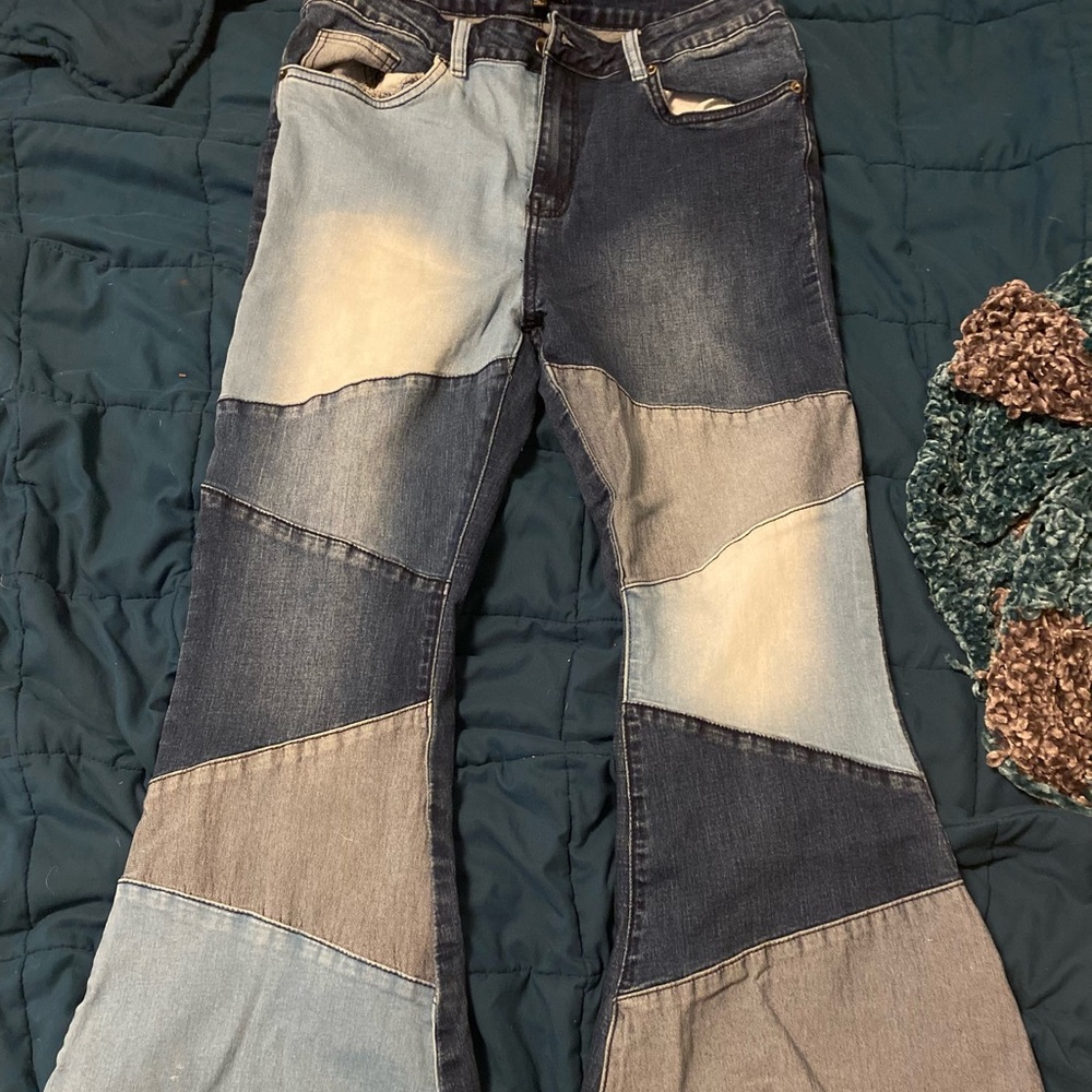 Color patch bell bottoms from Fashion Nova, hems cut to better fit my leg length